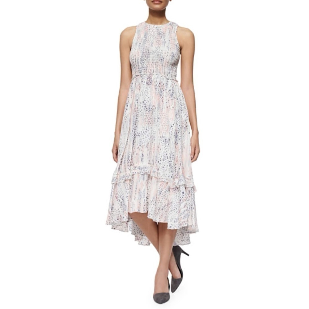 Rebecca Taylor Leopard Print Smocked Bodice Silk Midi Dress Blossom Water Medium